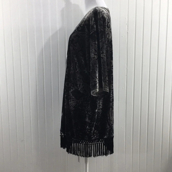 One World Wintop Velour Black Floral Tie Dye Fringe Cardigan Womens Large Fringe - Picture 4 of 11